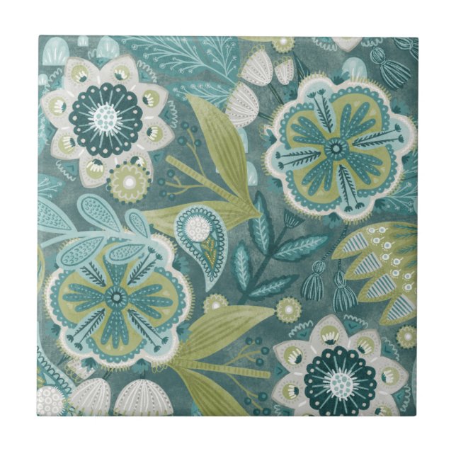 Teal Floral Boho Botanical Pattern Tile (Front)