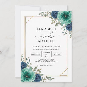 Teal Floral Border Wedding Invitation