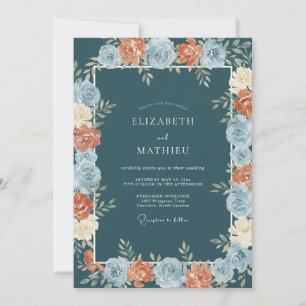 Teal Floral Border Wedding Invitation