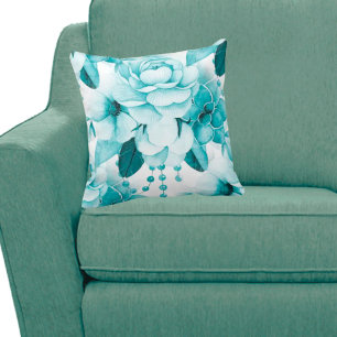 Teal Floral Bouquet Throw Pillow