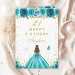 Teal Floral Brown Hair Girl Happy Birthday Card<br><div class="desc">This elegant and glamourous birthday card can be personalized with a name or title such as daughter, granddaughter, niece, friend etc. The design features a beautiful princess with brown red hair and fair skin in a teal blue ball gown. The text combines handwritten script and modern sans serif fonts for...</div>