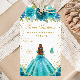 Teal Floral Brown Hair Princess Sweet Sixteen Gift Tags