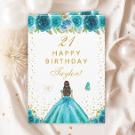 Teal Floral Brunette Hair Girl Happy Birthday Card<br><div class="desc">This elegant and glamourous birthday card can be personalized with a name or title such as daughter, granddaughter, niece, friend etc. The design features a beautiful princess with brunette hair and fair skin in a teal blue ball gown. The text combines handwritten script and modern sans serif fonts for a...</div>