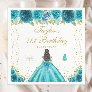 Teal Floral Brunette Hair Princess Birthday Party Napkin
