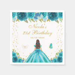 Teal Floral Brunette Hair Princess Birthday Party Napkin
