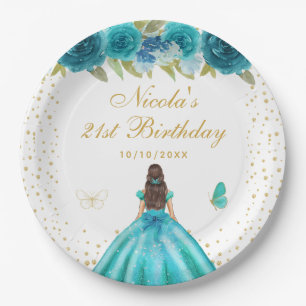 Teal Floral Brunette Hair Princess Birthday Party Paper Plate