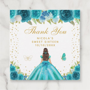 Teal Floral Brunette Hair Princess Sweet Sixteen Favour Tags