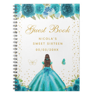 Teal Floral Brunette Hair Princess Sweet Sixteen Notebook