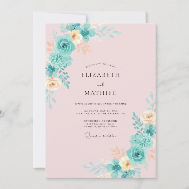 Teal Floral Brushstroke Wedding Invitation (Front)