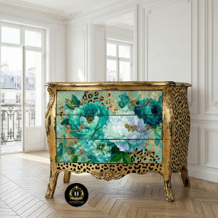 Teal Floral Cheetah Print Decoupage Tissue Paper
