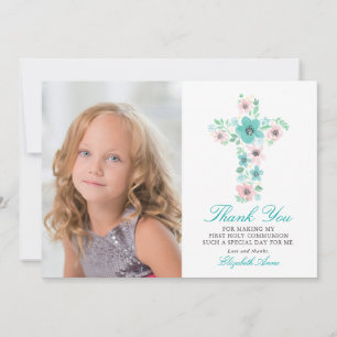 Teal Floral Cross First Holy Communion Thank You Card