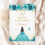 Teal Floral Dark Skin Girl Happy Birthday Card<br><div class="desc">This elegant and glamourous birthday card can be personalized with a name or title such as daughter, granddaughter, niece, friend etc. The design features a beautiful princess with dark hair and dark skin in a teal blue ball gown. The text combines handwritten script and modern sans serif fonts for a...</div>