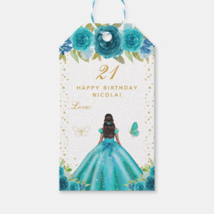 Teal Floral Dark Skin Girl Happy Birthday Gift Tags