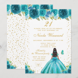 Teal Floral Dark Skin Princess Birthday Party Invitation