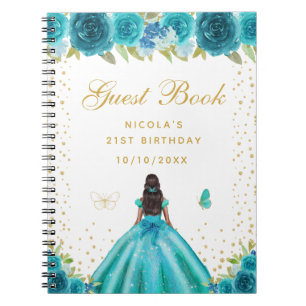 Teal Floral Dark Skin Princess Birthday Party Notebook