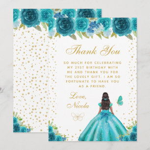 Teal Floral Dark Skin Princess Birthday Party Thank You Card