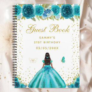 Teal Floral Dark Skin Princess Guest Book