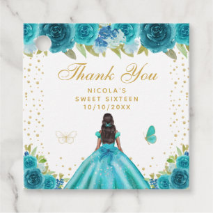 Teal Floral Dark Skin Princess Sweet Sixteen Favour Tags