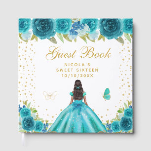 Teal Floral Dark Skin Princess Sweet Sixteen Guest Book