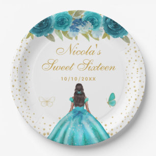Teal Floral Dark Skin Princess Sweet Sixteen Paper Plate