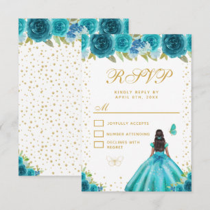 Teal Floral Dark Skin Princess Sweet Sixteen RSVP Card