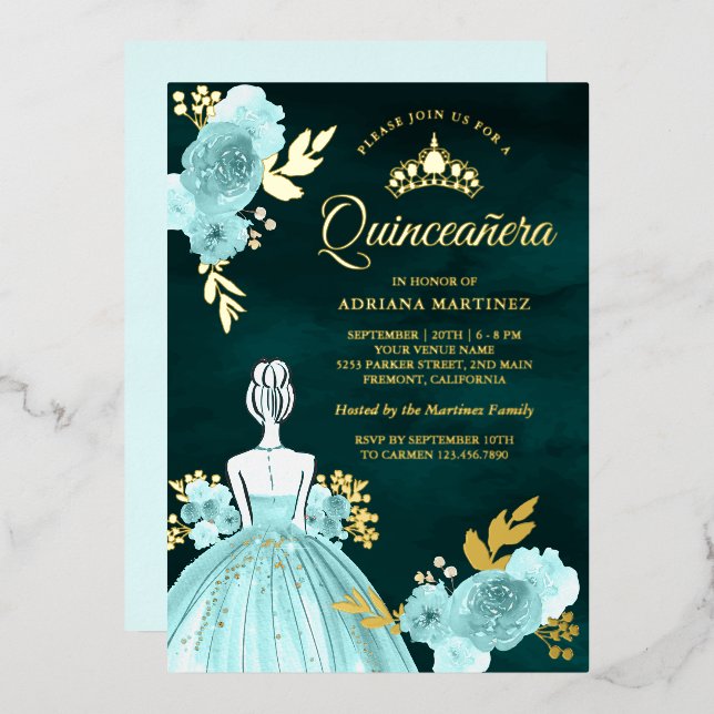 Teal Floral Dress Princess Green Quinceanera Gold (Front/Back)