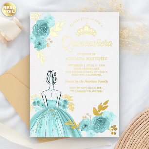 Teal Floral Dress Princess Quinceanera Gold