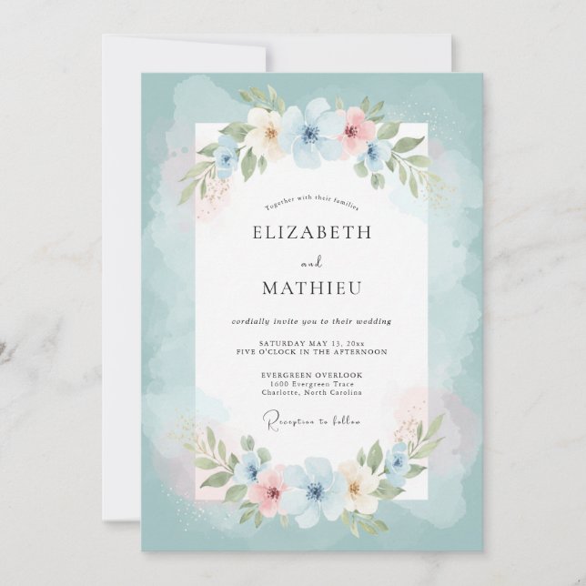 Teal Floral Flourish Wedding Invitation (Front)