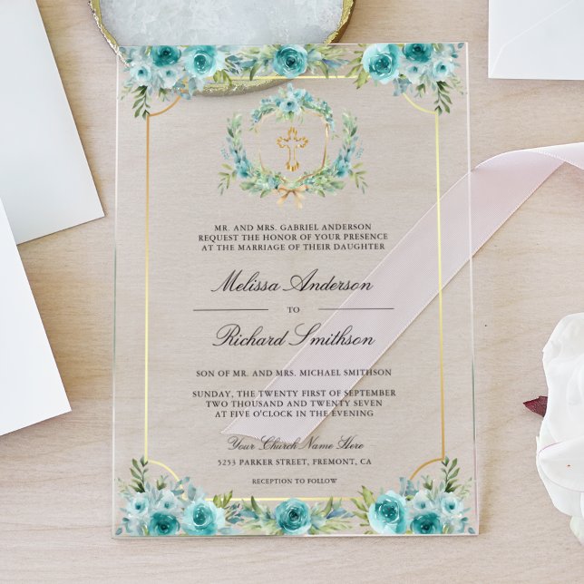 Teal Floral Gold Catholic Cross Wedding Acrylic Invitations (Creator Uploaded)