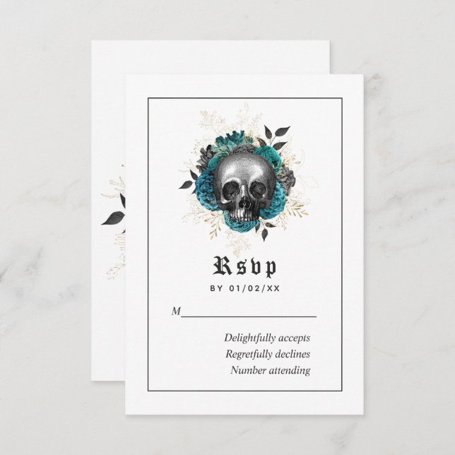 Teal Floral Gothic Skull Wedding RSVP Card (Front/Back)