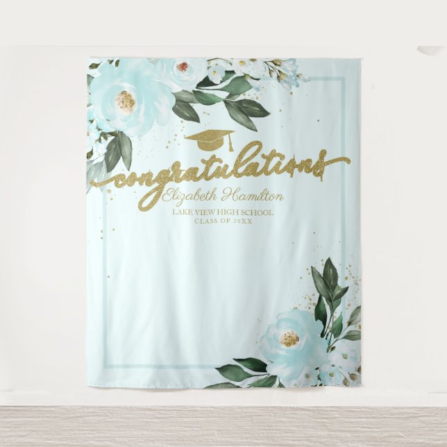 Teal Floral Graduation Party Photo Backdrop Tapestry (Front)