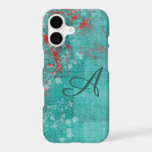 Teal Floral Grunge Red Monogram