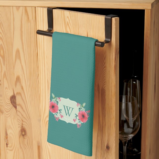 Teal Floral Hand Monogram Kitchen Towel  (Thirds Fold)