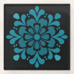 Teal Floral Mandala Glass Coaster<br><div class="desc">Add a bold, sophisticated touch to your space with this striking teal mandala coaster. Featuring a high-contrast design, the vibrant turquoise floral pattern stands out beautifully against a sleek black background. The symmetrical, petal-inspired shapes create a clean, modern aesthetic that fits perfectly in contemporary, minimalist, or eclectic homes. Durable and...</div>