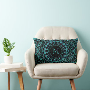 Teal Floral Mandala Monogram Lumbar Pillow