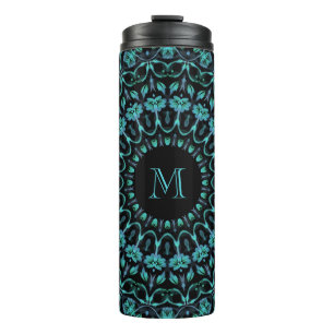 Teal Floral Mandala Monogram Thermal Tumbler