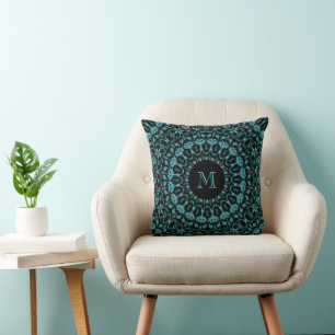 Teal Floral Mandala Monogram Throw Pillow