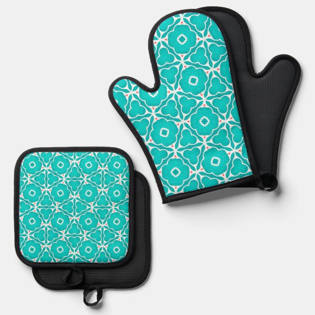 Teal Floral Moroccan Tile Pattern Oven Mitt & Pot Holder Set (Front/Back)