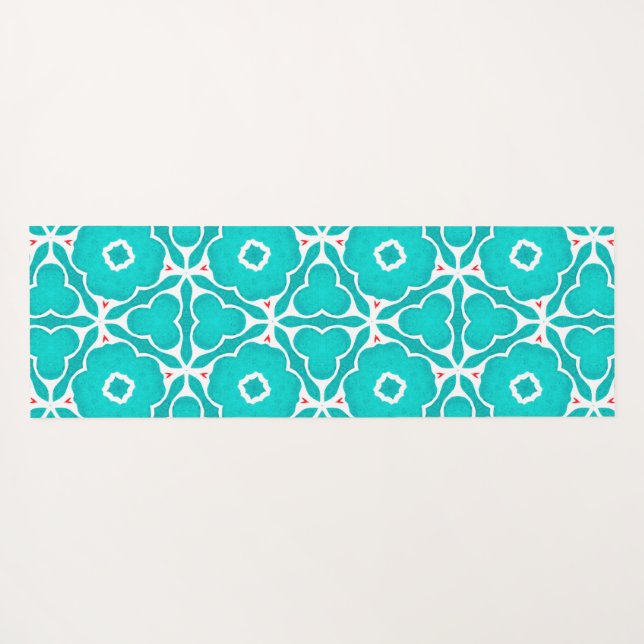 Teal Floral Moroccan Tile Pattern Yoga Mat (Back (Horizontal))
