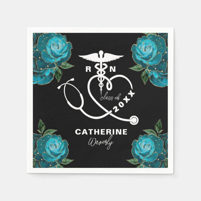 Teal Floral Nursing School Napkin (Front)