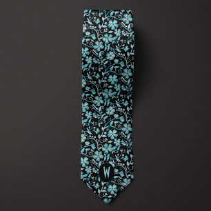 Teal Floral on Black Neck Tie