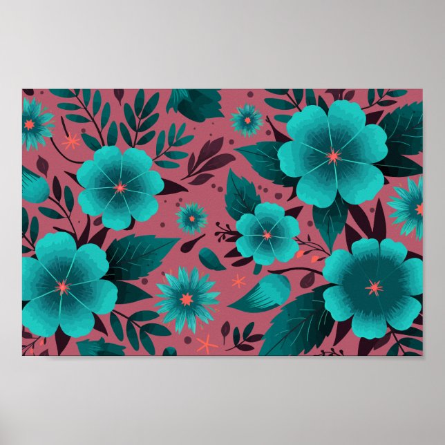 Teal Floral Pattern on Maroon Background Poster (Front)