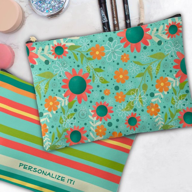 Teal Floral Pattern Unique Custom Cosmetic Bag (Creator Uploaded)