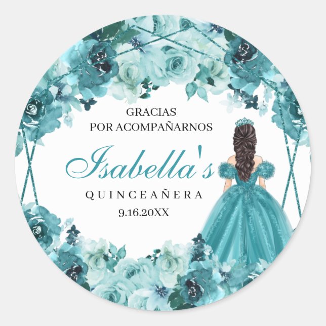 Teal Floral Quinceanera Classic Round Sticker (Front)