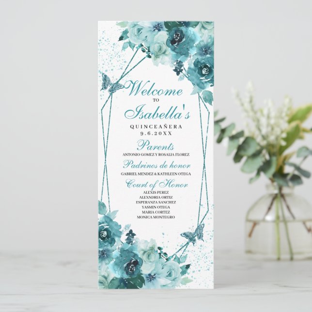 Teal Floral Quinceanera Program (Standing Front)