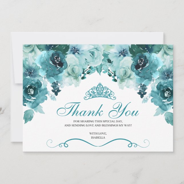 Teal Floral Quinceanera Thank You  (Front)