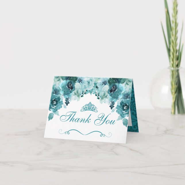Teal Floral Quinceanera Thank You Card (Front)
