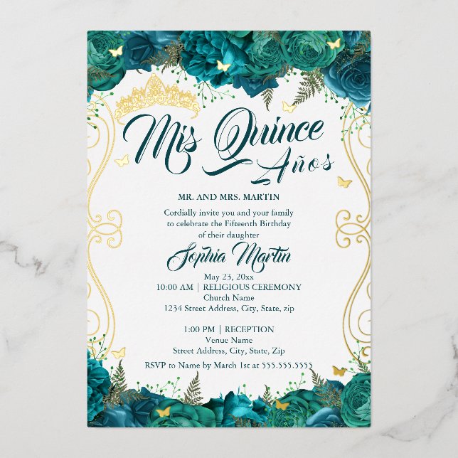 Teal Floral Scroll Mis Quince Quinceanera  (Front)