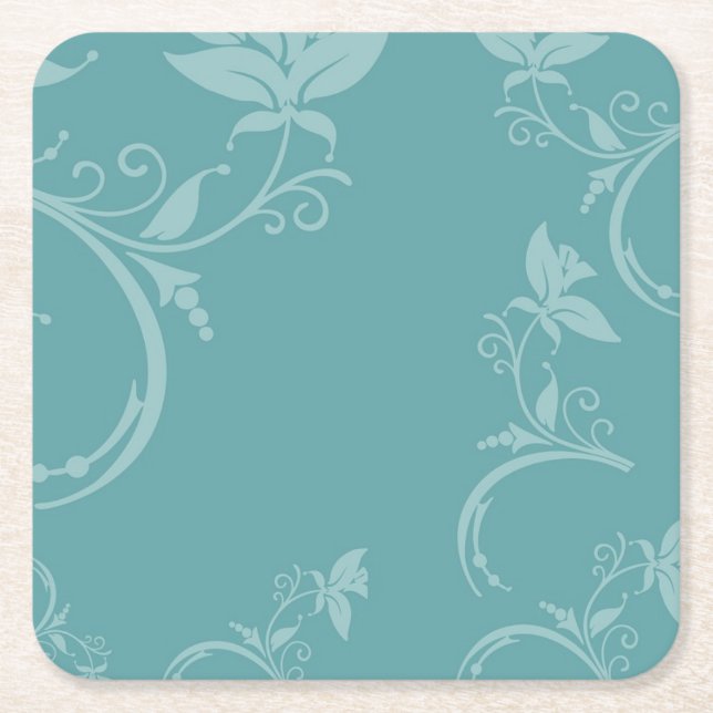 Teal Floral Square Paper Coaster (Front)