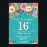 Teal Floral Surprise 16th Birthday Invitation<br><div class="desc">Teal Floral Surprise 16th Birthday Invitation for Girl. Watercolor Floral Flower. Teal Aqua Turquoise Background. Pink, Yellow, Orange, Purple Flower. Adult Birthday. 13th 15th 16th 18th 20th 21st 30th 40th 50th 60th 70th 80th 90th 100th, Any Ages. For further customization, please click the "Customize it" button and use our design...</div>